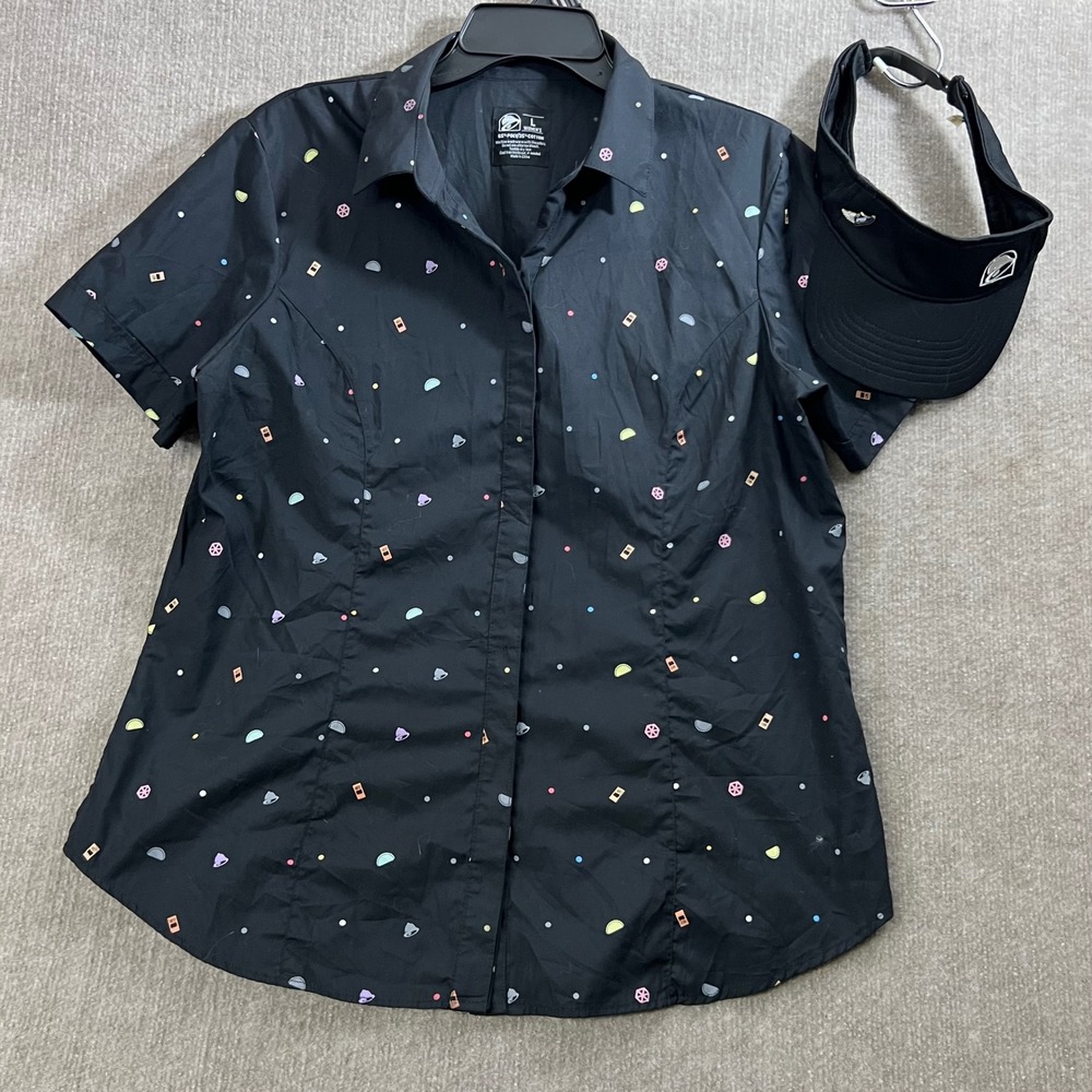 Taco Bell Women L Button-Up Shirt & Visor Hat Speed Pin Uniform Restaurant Black